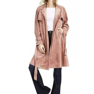 OAT Sz XL Trench Coat Pink Faux Vegan Suede Jacket Belt NWT